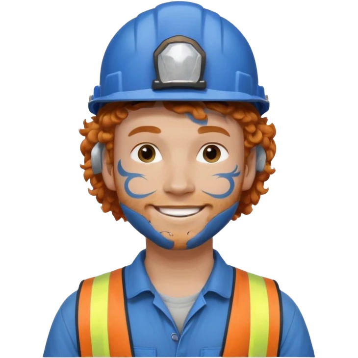 construction worker man ginger curly hair, blue helmet and face tattoo emoji
