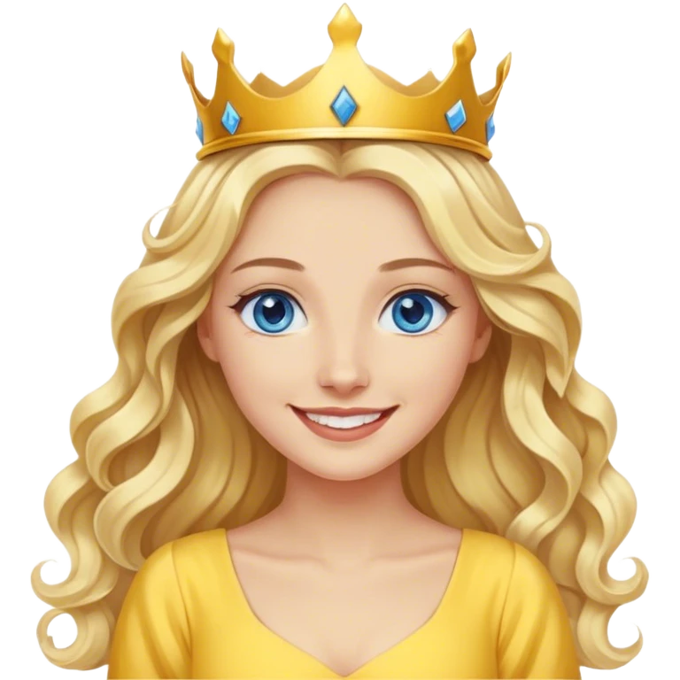 blonde woman, blue eyes, long wavy hair, smiling wearing a yellow dress and a small crown on her head  emoji