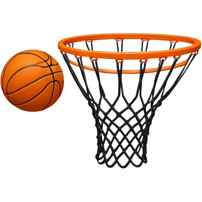 A close-up of a basketball hoop with the ball swishing through the net, captured mid-air. The background emphasizes the tension and excitement of the moment, with the rim and net in sharp focus, showcasing the precision and skill of the sport. emoji