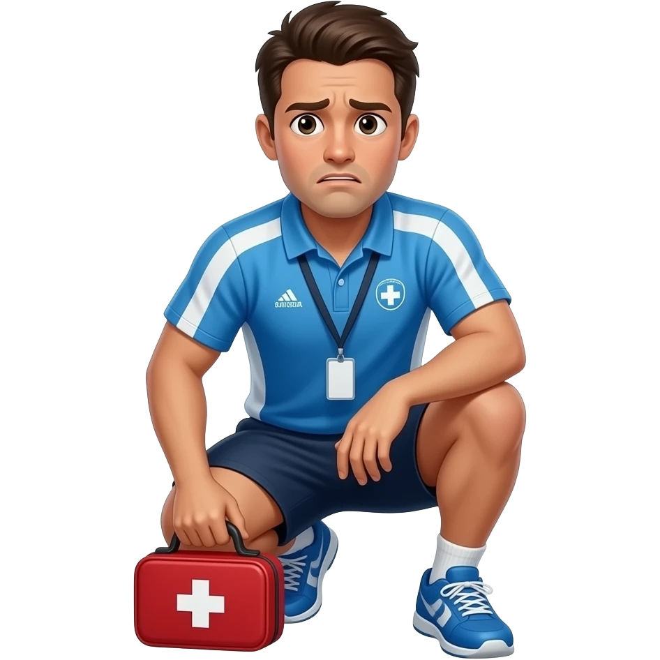 hazme un entrenador con ropa de esportista agachado i con un botiquin i que este preocupado i mirando para un lado emoji