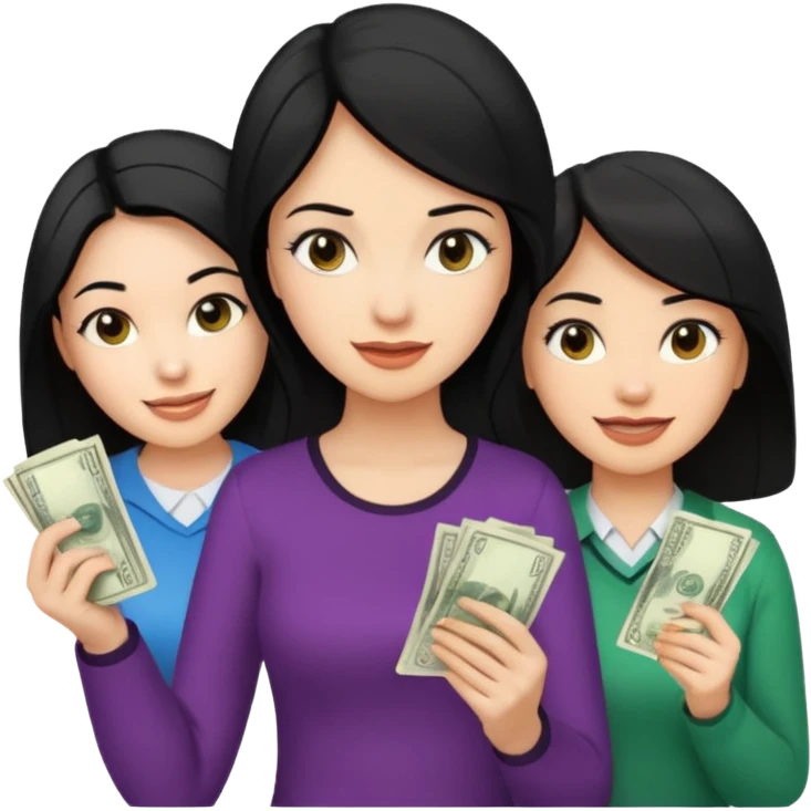 Chica cabello negro, en el marketing digital, que esté preocupada por facturas y otra que esté alegre de ganar dinero  emoji