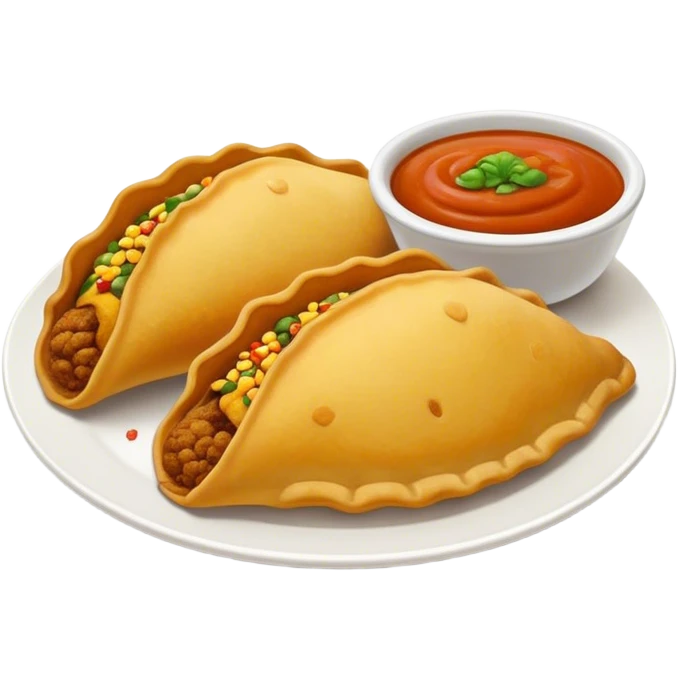 Cinematic Realistic Colombian Cornmeal Empanadas Emoji, showcasing the golden, crispy shell filled with savory meats and spices, served with a side of aji dipping sauce, rendered with vibrant textures and warm, inviting lighting. emoji