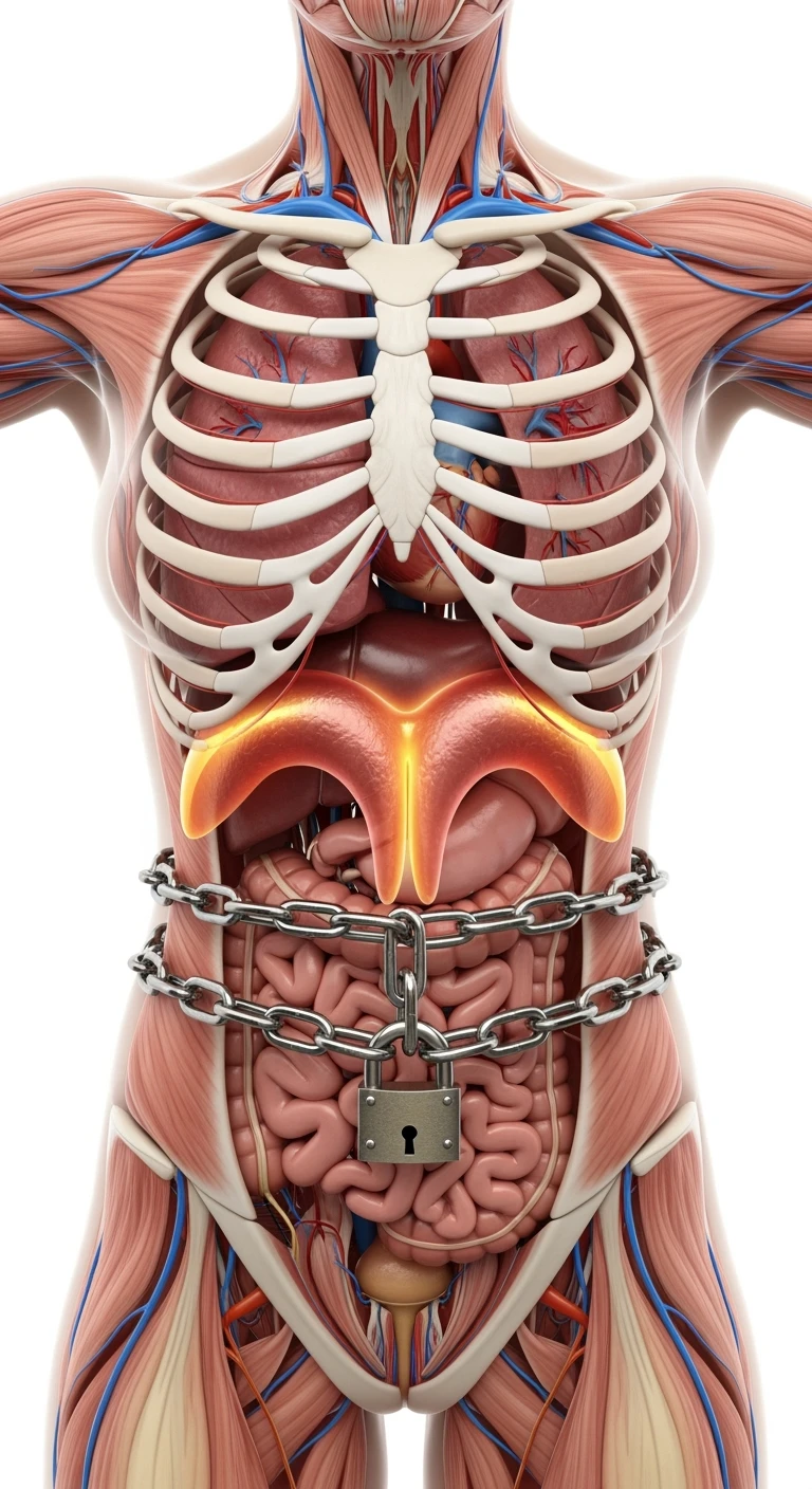 corpo umano anatomico di una donna con diaframma in evidenza, diaframma chiuso da catena e lucchetto, iperrealistica 4k, sfondo bianco emoji