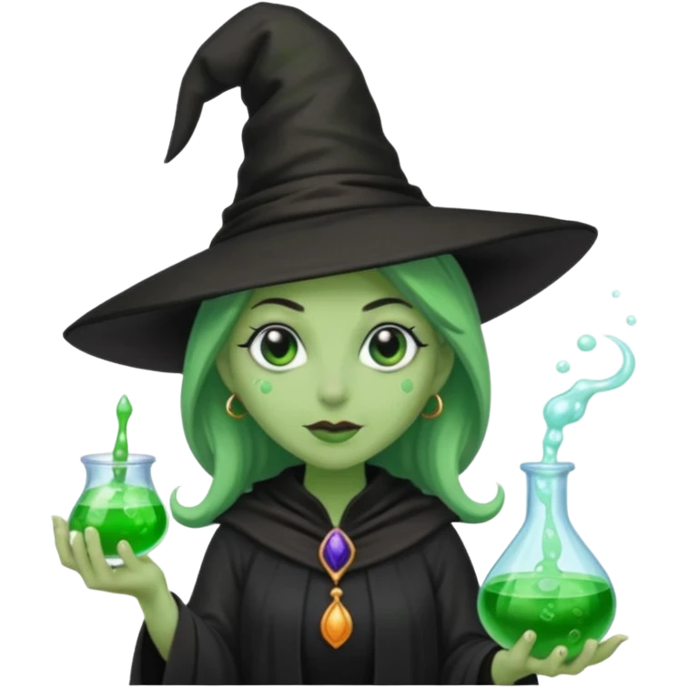 Witch with Green Skin – long-nosed witch in black hat holding potion emoji