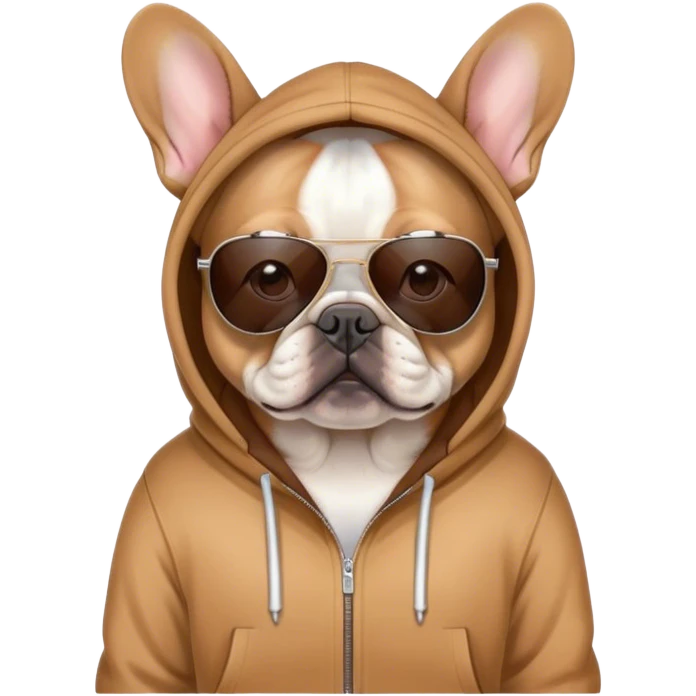 French bulldog wearing a hoodie with sunglasses emoji
