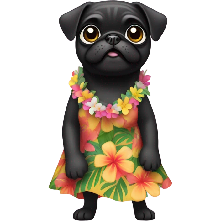 Black pug in a Hawaiian hula girl dress dancing emoji