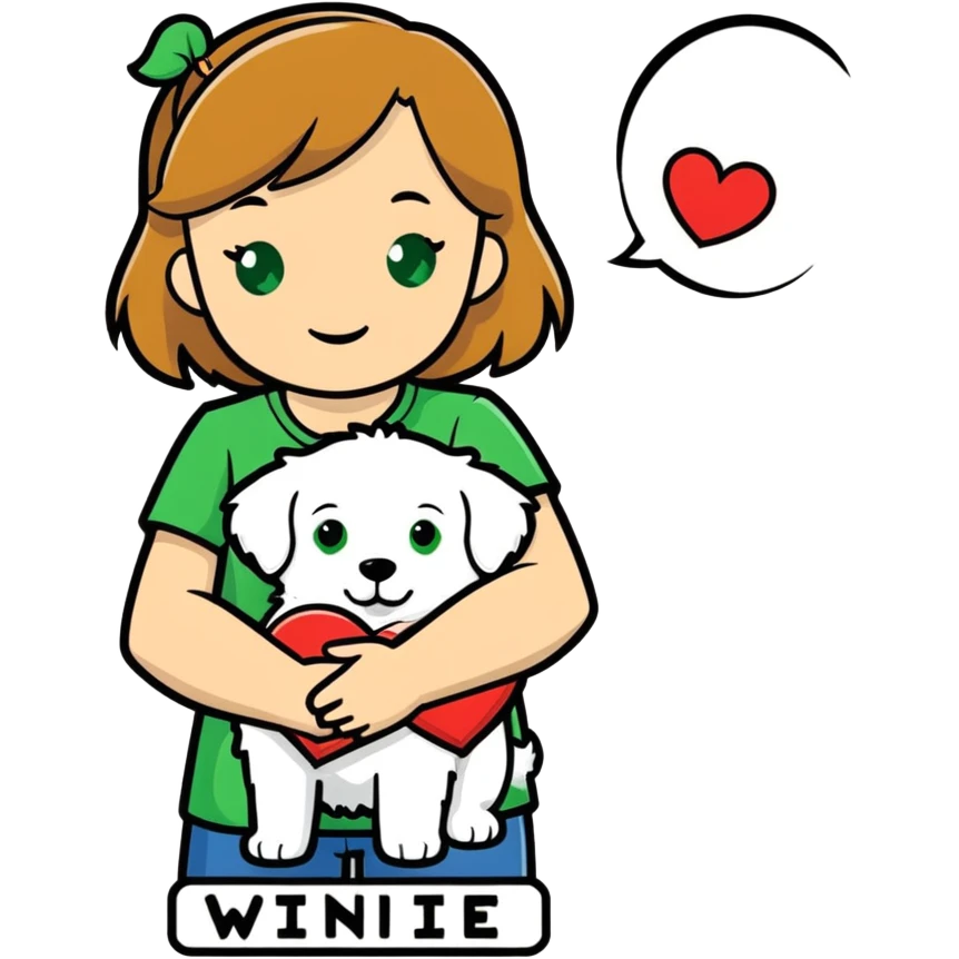 Girl with light brown hair and green eyes holding white fluffy dog with tag that says Winnie Jane in a heart emoji