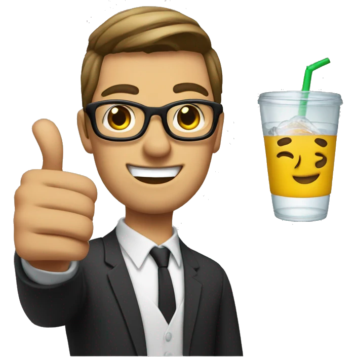 a 25-30 year old man with commahair style hair wearing glasses and giving a thumbs up with a sip sign emoji