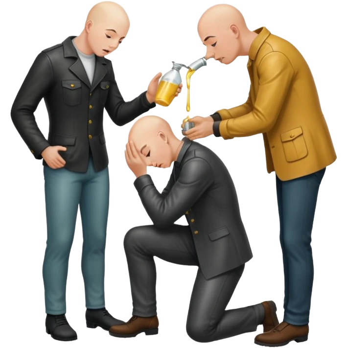 Bald man on his knees submissive to tall, standing man in leather, pouring piss down his throat emoji