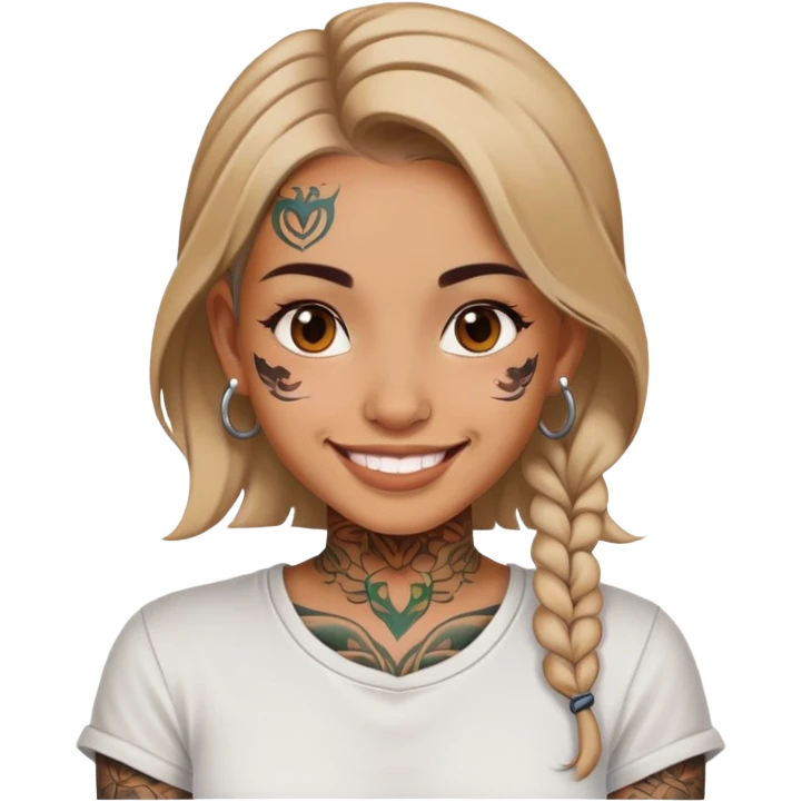 girl with face tattoos, smiling, wearing a shirt emoji