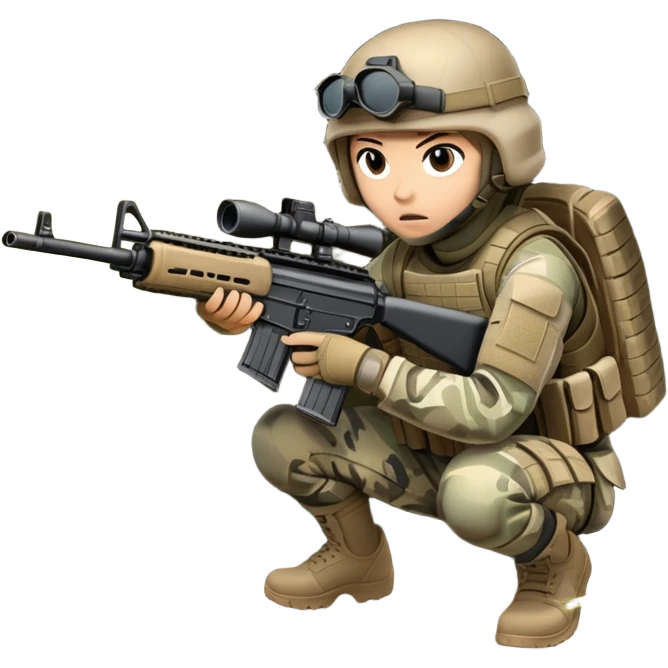 A tactical player in camouflage gear, crouched behind cover with a rifle aimed, ready for action. The scene is set in an outdoor field, with strategic obstacles and soft sunlight, conveying the intensity and teamwork of a competitive airsoft match. emoji