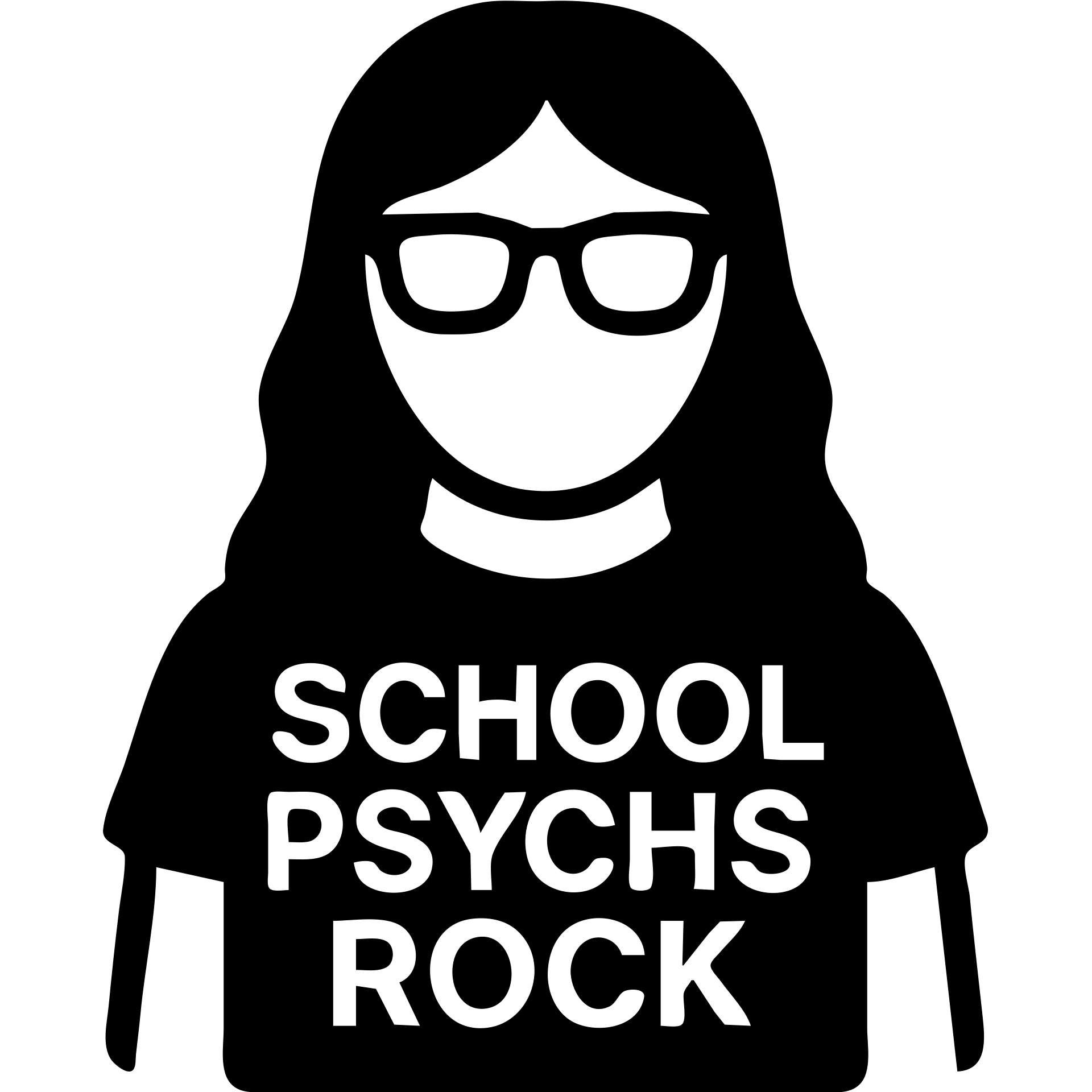 Create a modern icon-style image of this person wearing a t-shirt that says 'school psychs rock'. The design should be simple and bold with clear text, minimal details, and a modern icon aesthetic. emoji