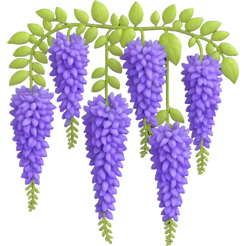 Realistic hanging wisteria racemes with detailed grape-like clusters of lavender flowers cascading downward, accompanied by light green compound leaves emoji