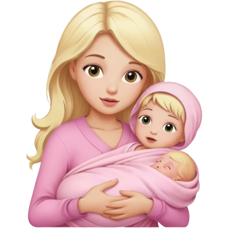 Blonde girl holding a new born baby while the baby is wrapped in pink. emoji