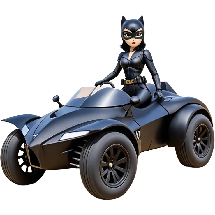 Rc toy with aerodynamic sexy fenders on Catwoman’s buxom attractive armored midnight-colored tight outfit from tv series style dark knight movie stealthy accurate sporty safe deluxe off-road fast pursuit prototype concept car (black hair, sitting back but driving aggressively) secret rally car emoji