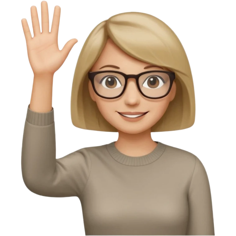 woman dark blonde petite bob haircut wears smaller squared dark  glasses, classic clothes, smiling, waving, a tad older, waving, light colored shirt emoji