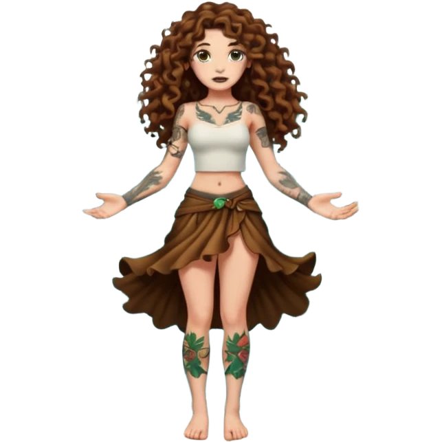full body view of a woman with long curly brown hair, brown eyes, white skin, tattoos, shrugging with dramatic forest magic burst emoji