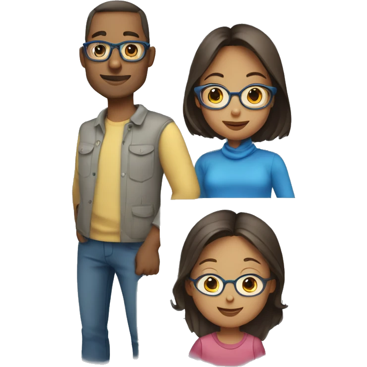 Draw a family of 4 consisting of a father with glasses, a mother with a headscarf, a 3-year-old girl and a baby with blue clothes. emoji