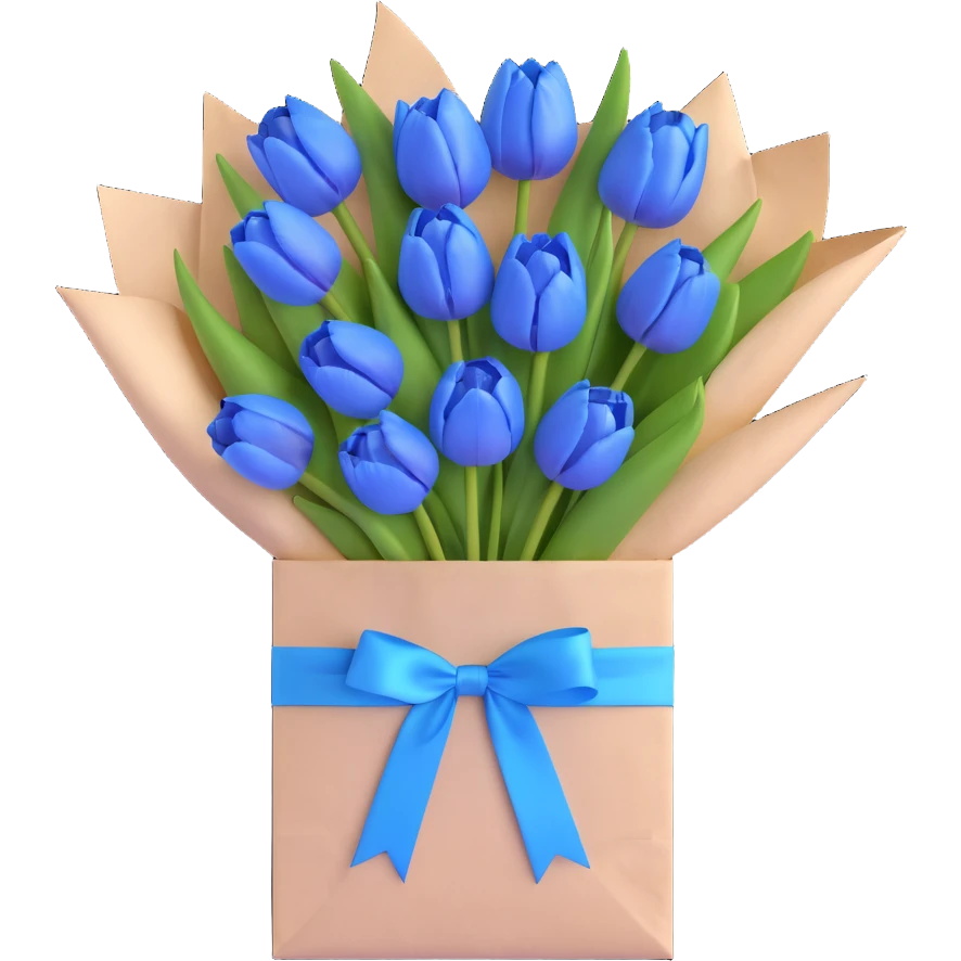 a bouquet of blue tulips in a white paper bag tied with a blue ribbon, soft pastel blue colors, gentle shadows, clean and minimalistic design, 3D iOS emoji style emoji