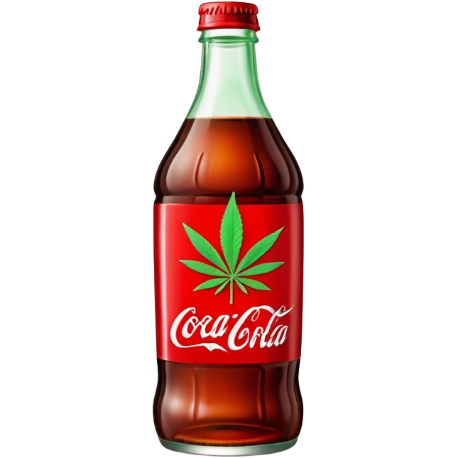 iconic curved Coca-Cola style glass bottle in red with a green cannabis leaf and "red pop" text on the label emoji