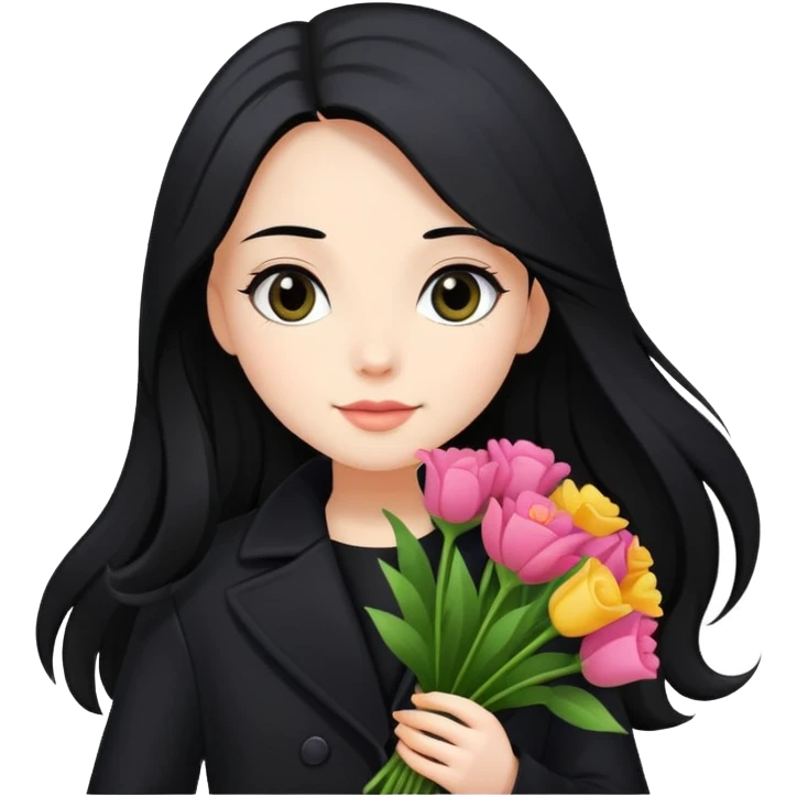 beautiful girl with long black hair wearing a black coat holding a bouquet of flowers emoji