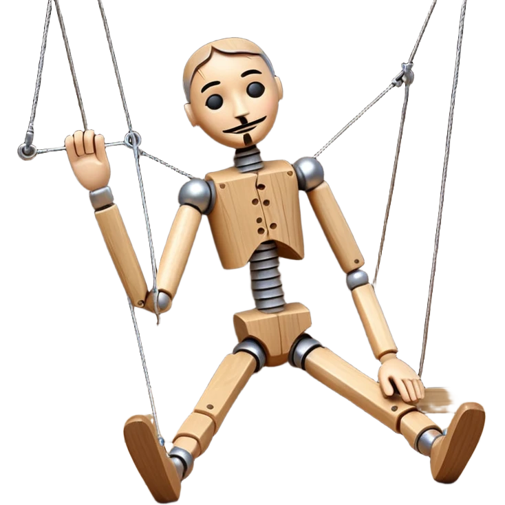 3D render of Broken Puppet as a wooden marionette puppet, Strings cut, slumped over, silver metal screw joints at elbows and knees, polished brown wood texture, rigid toy pose, emoji style, isolated on white background --v 6.0. emoji