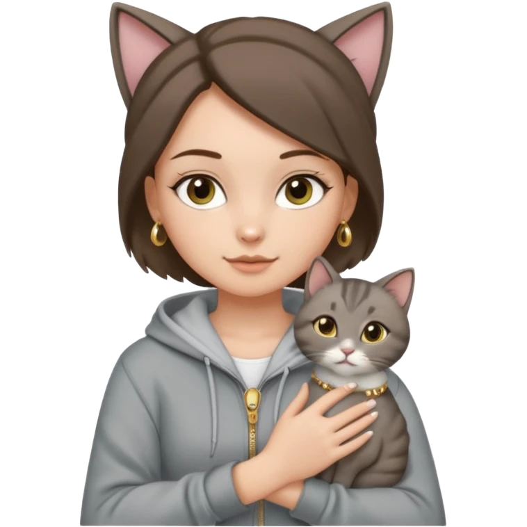 a white girl with brunette hair in a one single bun holding a grey cat. the girl has long lashes and has on a grey zip up that is half way zipped and has a hood and under a white shirt and gold jewelry that is gold bracelets. emoji