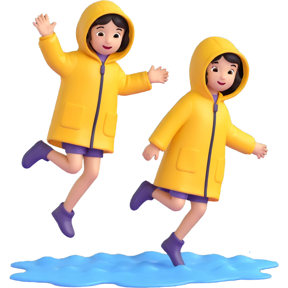 two children in raincoats jumping in a puddle, emoji style emoji