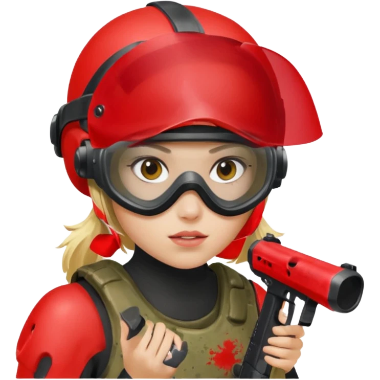 blond girl playing paintball with red paintball helmet with eye protection, only face emoji