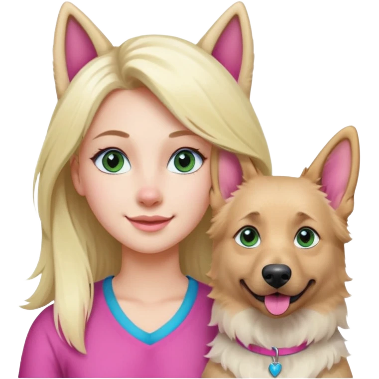 White European young woman with blue-green eyes and long blond hair with 1 pink streak in her hair with her white German Shepherd dog with pink nose and short fur emoji