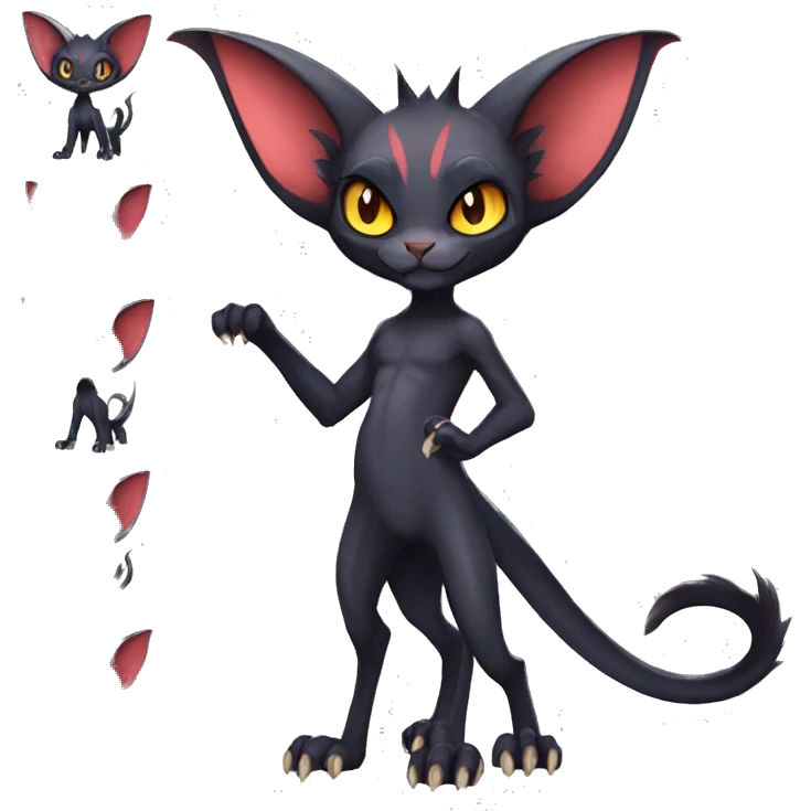 Black cool vampiric Noivern-Litten-Sphynx-Lykoi-Caracal-Fakemon with big bat ears full-body emoji