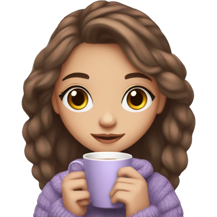 Cute girl with long brown hair, long lashes in lavander cozy sweather with coffe in hands emoji