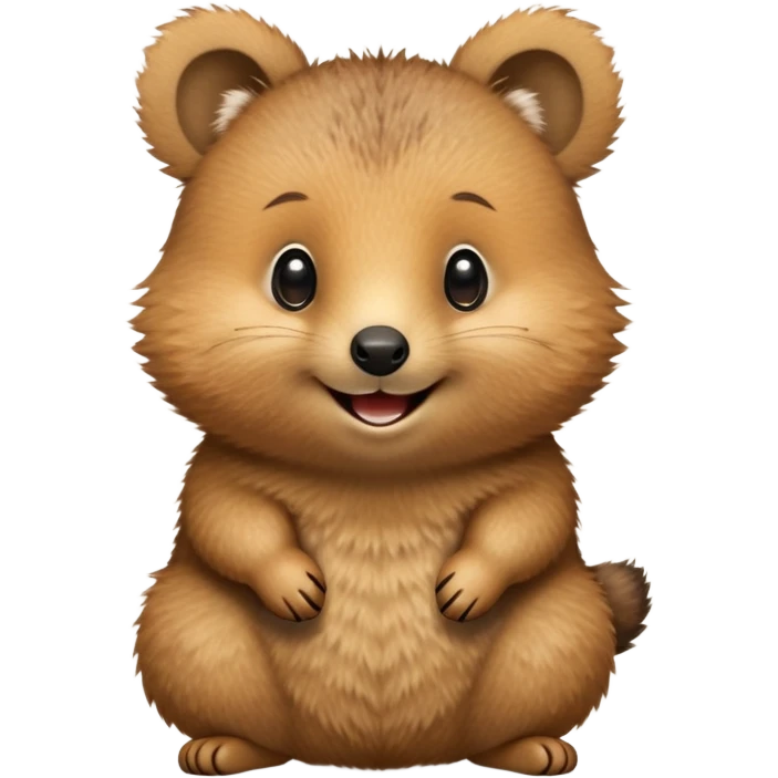 cinematic-quokka-realistic-full-body-standing on its hind legs hunched over-emoji,-small-round-frame-balanced-on-tiny-strong-hind-legs,giant fluffy cheeks large smile-fluffy-brown-fur-radiating-a-warm-softness,-big-round-eyes-filled-with-joy-and-innocence,-tiny-clawed-paws-held-close-to-chest,-cheerful-smile-exuding-endearing-happiness,-simplified-yet-realistic-focused-features,-highly-detailed,-glowing-with-a-sunny-warmth emoji