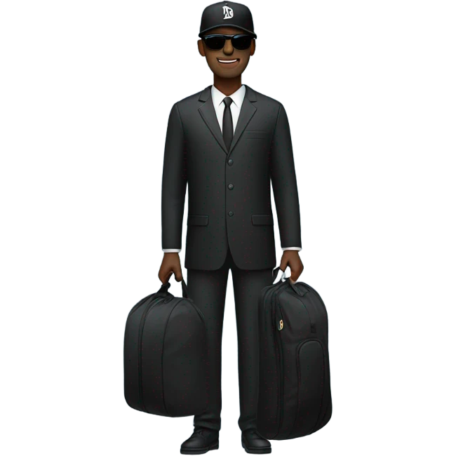 A tall black man with sunglasses dressed in black with a black baseball hat and a garment bag emoji