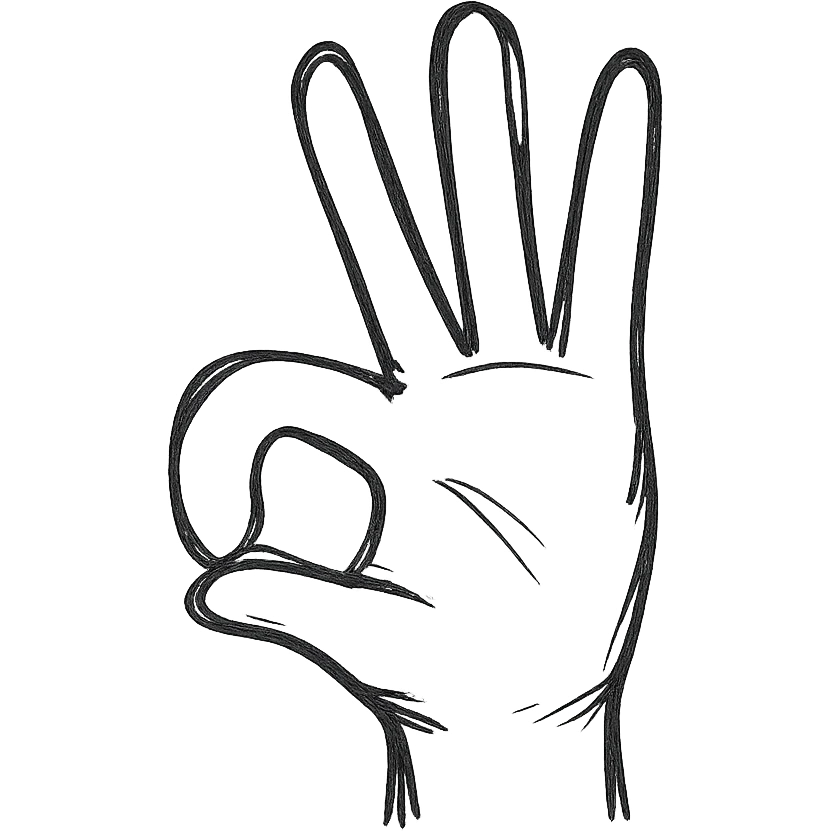 flat color minimalistic icon of a hand in the 👌 pose, but with the index finger curled downward like a hook, thumb over the curled finger (not making a circle), and the other three fingers extended upright, transparent background emoji