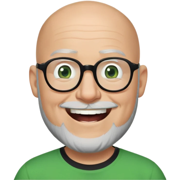 una imagen estilo pixar de un senor de mediana edad calvo con lentes gruegos negros de vista, con barba negra pero en la parte del mentòn canosa, con una playera negra, sus ojos con de color verde, y esta riendo emoji