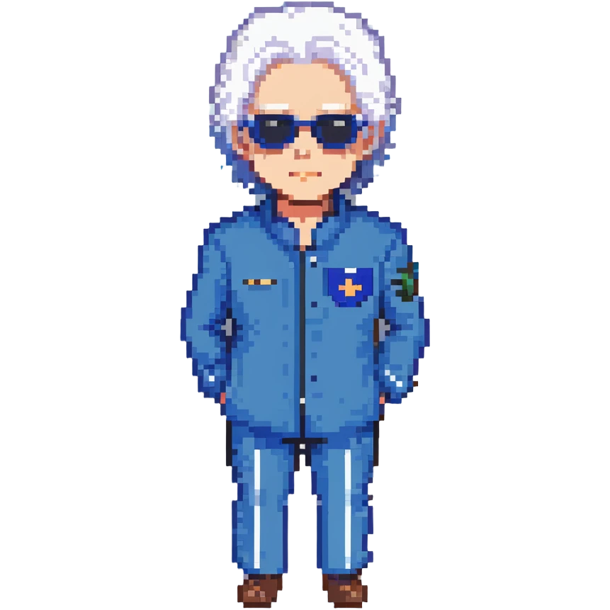 Satoru Gojo, white hair, sunglasses, blue uniform, pixel art style emoji