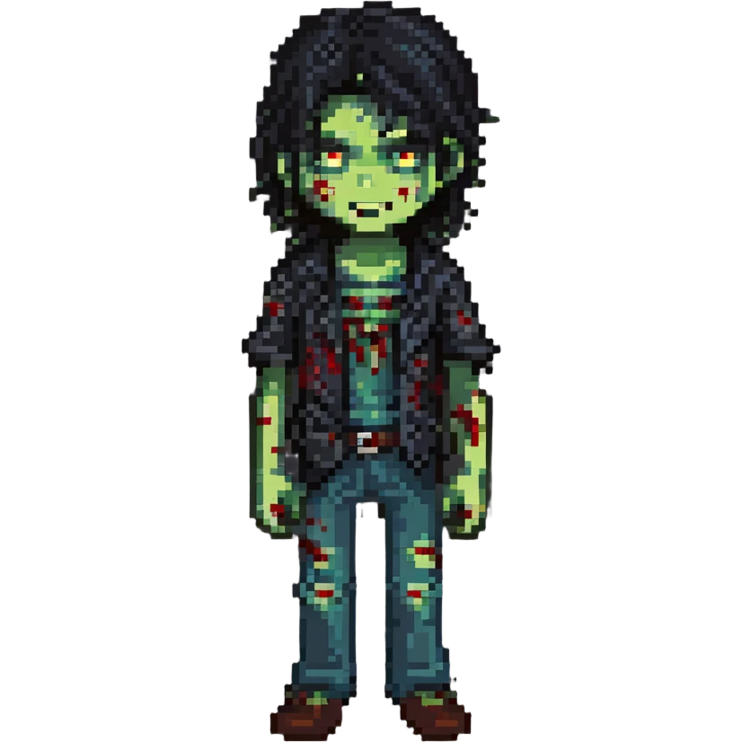 boy zombie with long black wolf cut hair, pixel art style emoji