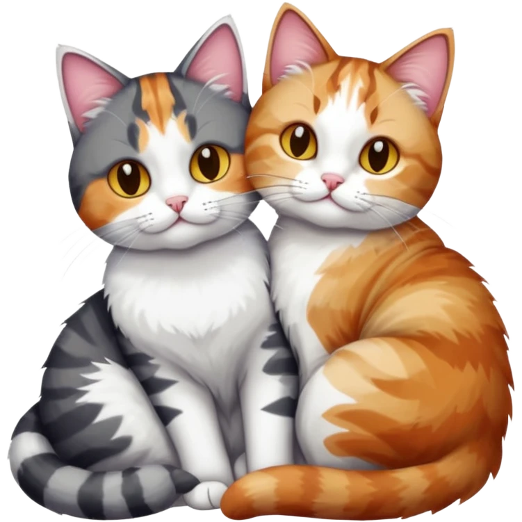 full body colourful light patched calico + white tabby cat cuddling a big dark grey and white tabby cat  emoji