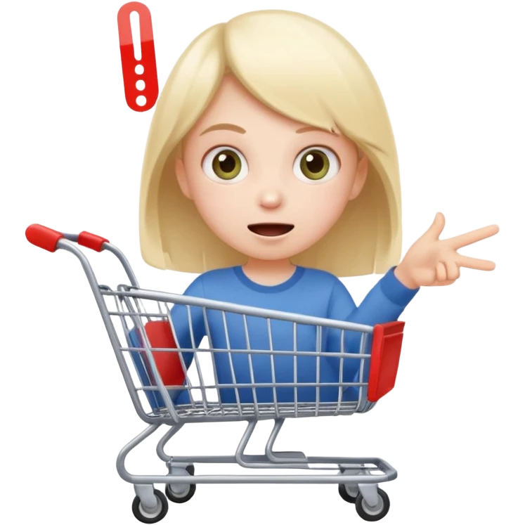 impulsive shopper: tiny face with excited eyes, finger on ‘buy’ button, small fast shopping cart with motion lines emoji