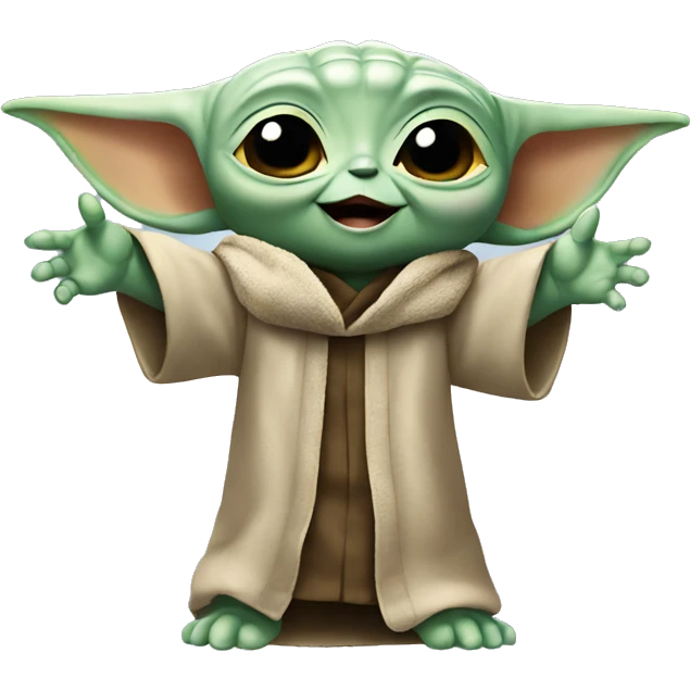 Baby Yoda smiling with arms raised in Victory emoji