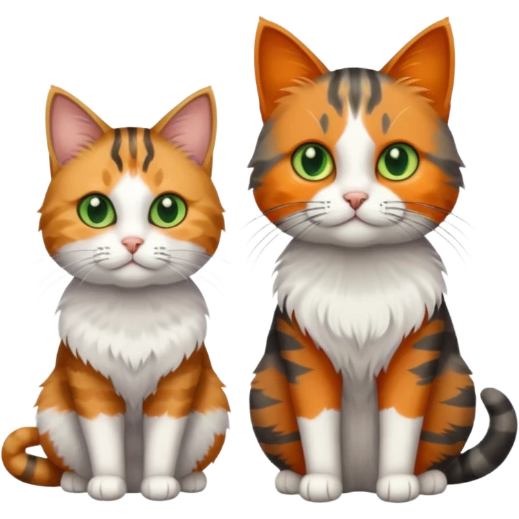 A grey tabby cat with dark grey stripes and green eyes sitting next to a calico cat with orange eyes emoji