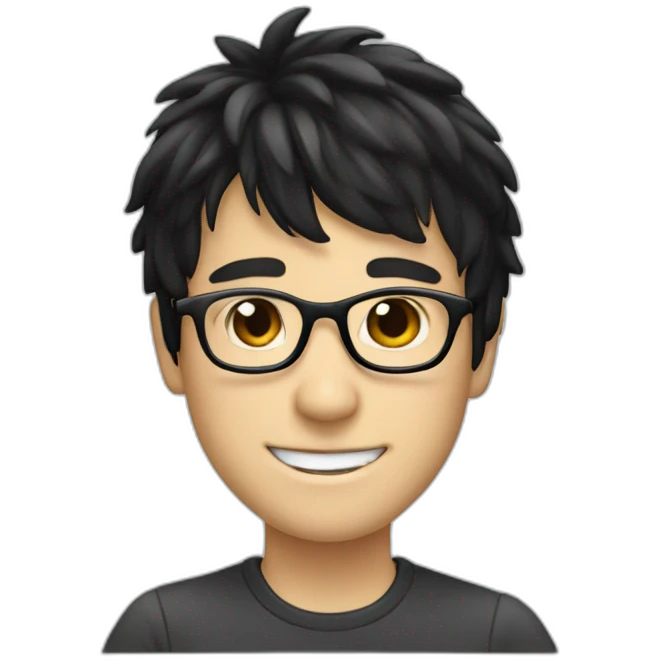 smiling white boy with black hair and bangs and glasses emoji