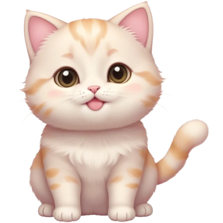 Cinematic chubby pastel kitten, big round eyes full of wonder, tiny paws reaching up, soft fluffy fur glowing in warm light, delicate heart-shaped nose, irresistibly cute and snuggly. emoji