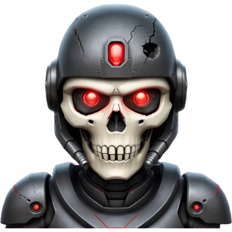futuristic war robot portrait, head and shoulders only, skull-inspired helmet, glowing red eyes, cracked metal face, dark armor collar, battle scars, dramatic lighting, 3D cartoon, mobile game icon style, clean background, no text, no watermark
 emoji