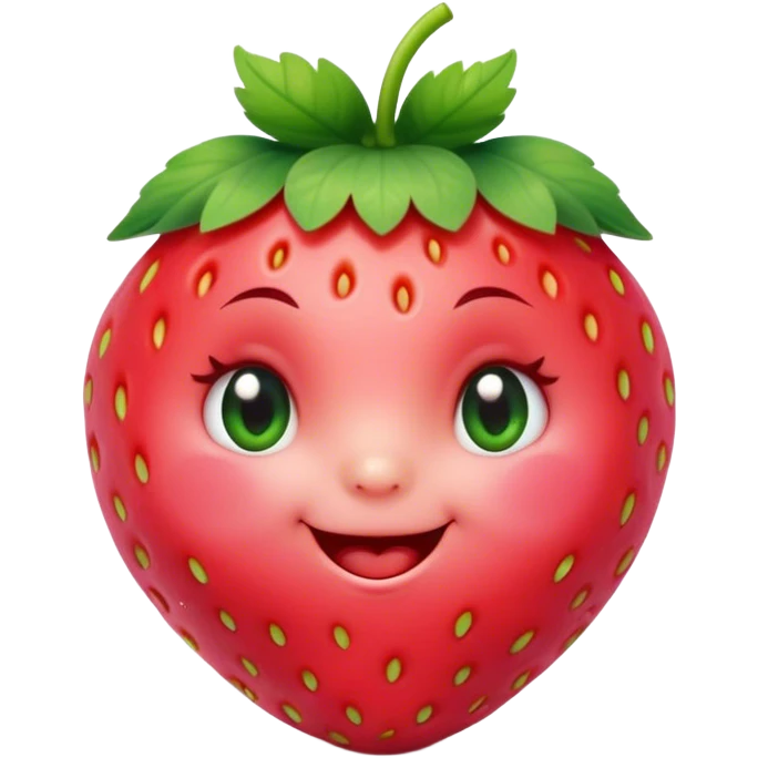 Cinematic plump happy strawberry, glossy bright red, tiny round eyes and blushing cheeks, green leafy top slightly tilted, cheerful and charming. emoji