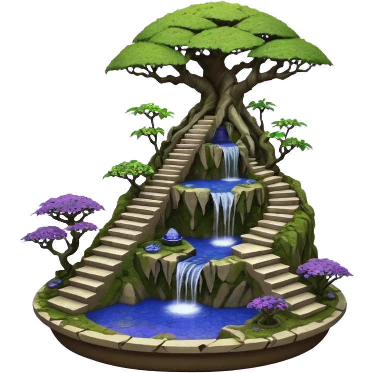 Alien saucer house jungle-vines stairway fountain mountain-island landscape antique mudman very old broken cracked intricate Stone Age lapis-crusted irregular dodecagon-shaped shallow dark moss rough bark violet serissa flowered maple tree bonsai pot emoji