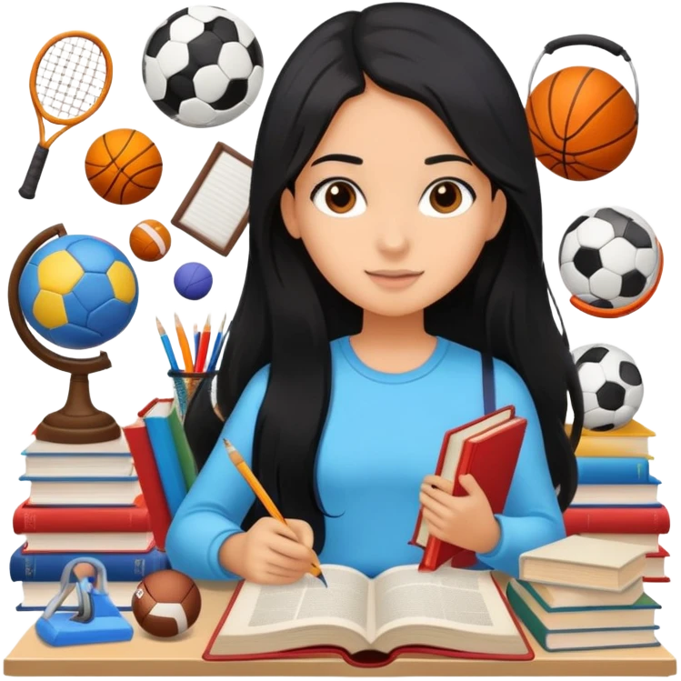differemt girlhood hobbies floating back ground, books, art, and sports, tanned long black hair  emoji