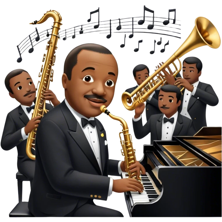Icon for Jazz Music: Count Basie Orchestra, with Count Basie at the piano surrounded by jazz musicians playing instruments like saxophones, trumpets, and drums. Floating musical notes should capture the energetic and smooth vibe of big band jazz. Transparent background. emoji