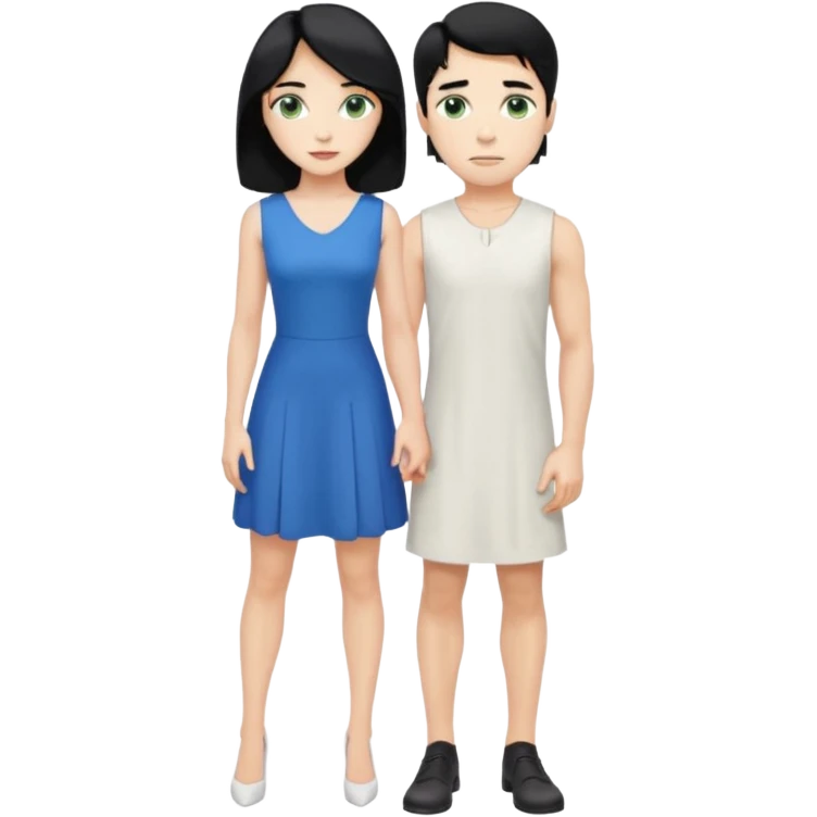 prince, standing upright, black Hair, blue eyes, garment,  woman, bending knee, white sleveless dress, blonde hair, green eyes, emoji